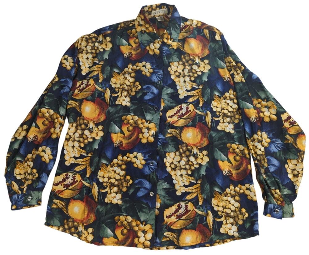 VTG Express Womens Silk Shirt S Fruit Print Long Sleeve Button Front Made Korea
